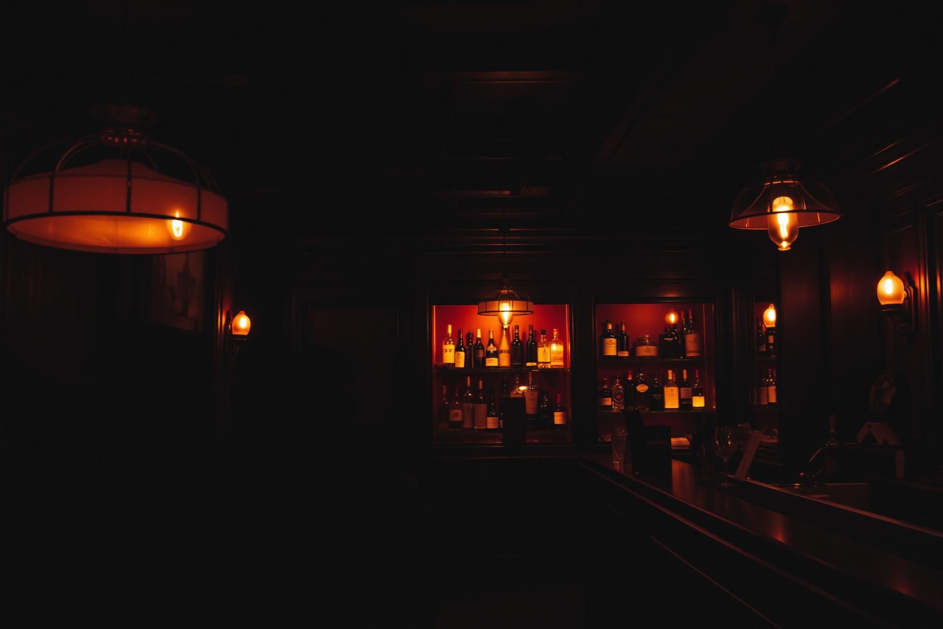 Interior cálido del bar con luces ámbar y botellas iluminadas